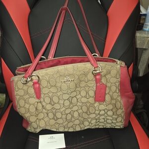 Coach Signature Canvas Tote/Crossbody Bag - Tan and Red